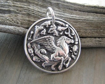 Wings, Handmade Fine Silver Horse Pendant, Winged Horse, Personalized Equestrian Jewelry