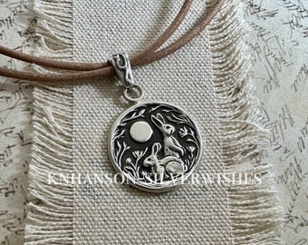 Listen to the Moon, Full; Personalized Sterling Silver Rabbit Pendant, Hares, Handmade Original, by SilverWishes