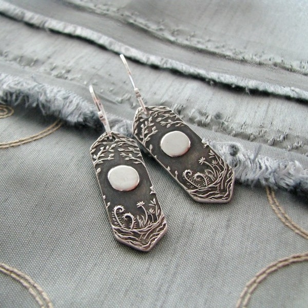 Forest Moon Earrings No. 2, Fine and Sterling Silver, Handmade in Recycled Silver From Original Carving, by SilverWishes