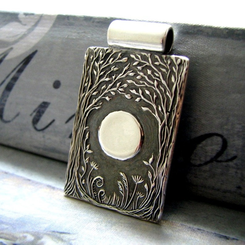 Fine Silver Personalized Pendant, Forest Moon No. 3, Handmade in Recycled Silver From Artisan Original Carving, by SilverWishes image 1