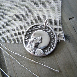 Moonsong No. 2, Personalized Fine Silver Wolf Pendant, Full Moon, Handmade in Recycled Silver From Original Carving, by SilverWishes