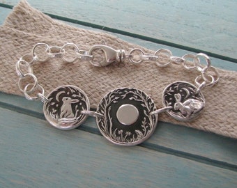 Near and Far Bracelet, Personalized Fine Silver Rabbits, Hares, Full Moon, Handmade in Recycled Silver, Original Carving, by SilverWishes