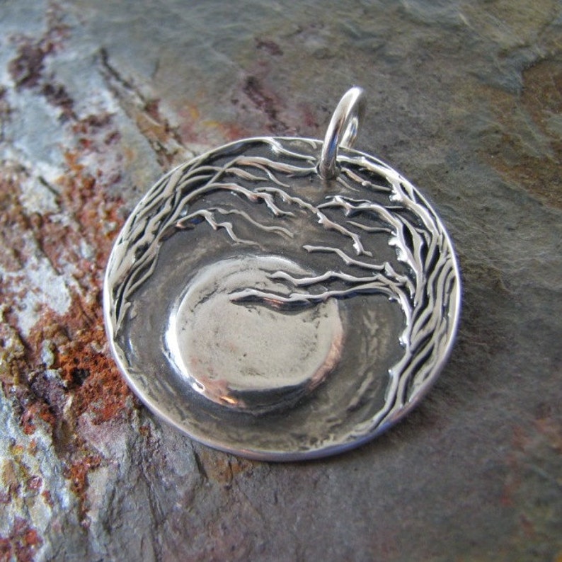 Moon and Trees No. 2, Personalized Fine Silver Pendant, Handmade in Recycled Silver From Artisan Original Carving, by SilverWishes image 2