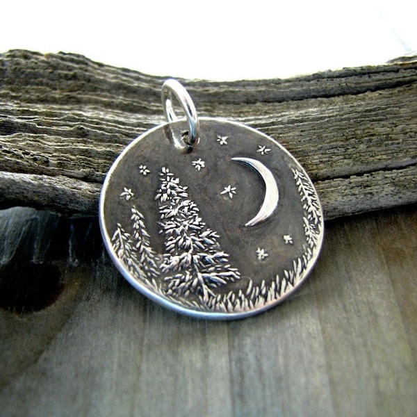 Evening Pines No. 2, Personalized Fine Silver Pendant, Handmade in Recycled Silver From Artisan Original Carving, by SilverWishes