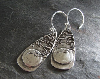 Artisan Fine Silver Earrings, Moon and Trees, Handmade in Recycled Silver From Original Carving, by SilverWishes