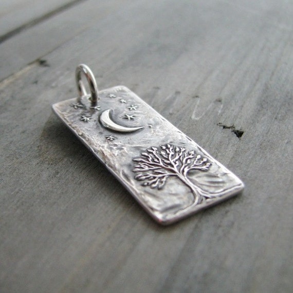 Smiling Moon, Personalized Fine Silver Pendant, Handmade in Recycled Silver From Artisan Original Carving, by SilverWishes