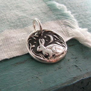 Personalized Fine Silver Rabbit Pendant, Listen To The Moon Mini, Hares, Handmade in Recycled Silver From Original Carving, by SilverWishes