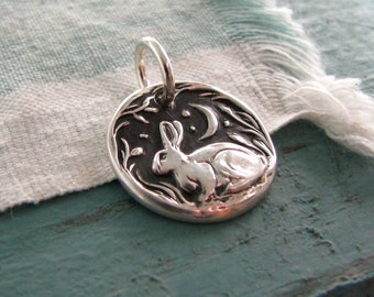 Personalized Fine Silver Rabbit Pendant, Listen To The Moon Mini, Hares, Handmade in Recycled Silver From Original Carving, by SilverWishes