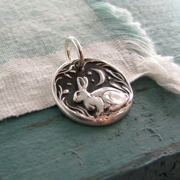 Personalized Fine Silver Rabbit Pendant, Listen To The Moon Mini, Hares, Handmade in Recycled Silver From Original Carving, by SilverWishes