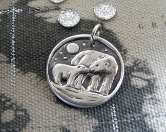 Polar Bear Pendant, Mama Bear, Personalized Fine Silver Mother Bear and Cub Pendant, Handmade with Recycled Silver, by SilverWishes