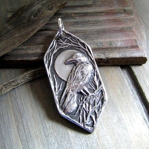 Night Watch, Personalized Fine Silver Raven Pendant, Handmade in Recycled Silver From Original Carving, by SilverWishes image 1