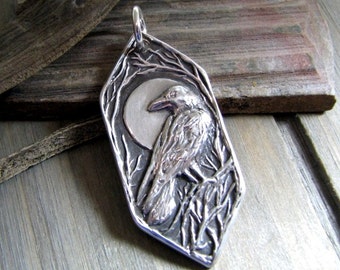 Night Watch, Personalized Fine Silver Raven Pendant, Handmade in Recycled Silver From Original Carving, by SilverWishes