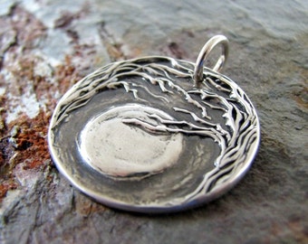 Moon and Trees No. 2, Personalized Fine Silver Pendant, Handmade in Recycled Silver From Artisan Original Carving, by SilverWishes
