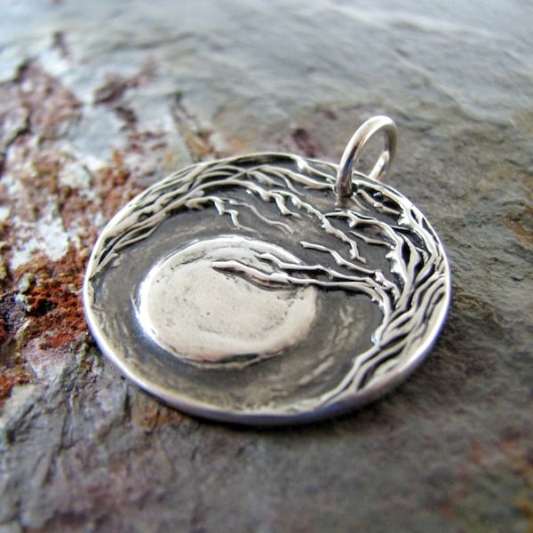 Moon and Trees No. 2, Personalized Fine Silver Pendant, Handmade in Recycled Silver From Artisan Original Carving, by SilverWishes