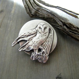 May include: A silver owl pendant with a detailed design, perched on a branch. The owl is facing forward with its wings spread out.
