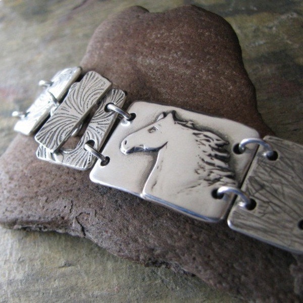 Silver Horse Jewelry, Artisan PMC Fine Silver and Sterling OOAK Bracelet, Handcarved Organic Style by SilverWishes