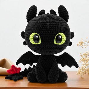 Chibi Toothless Dragon Plush Handmade Crochet Toy, Mini Night Fury Amigurumi Stuffed Animal Gift For Kids, Black Dragon Amigurumi Handmade