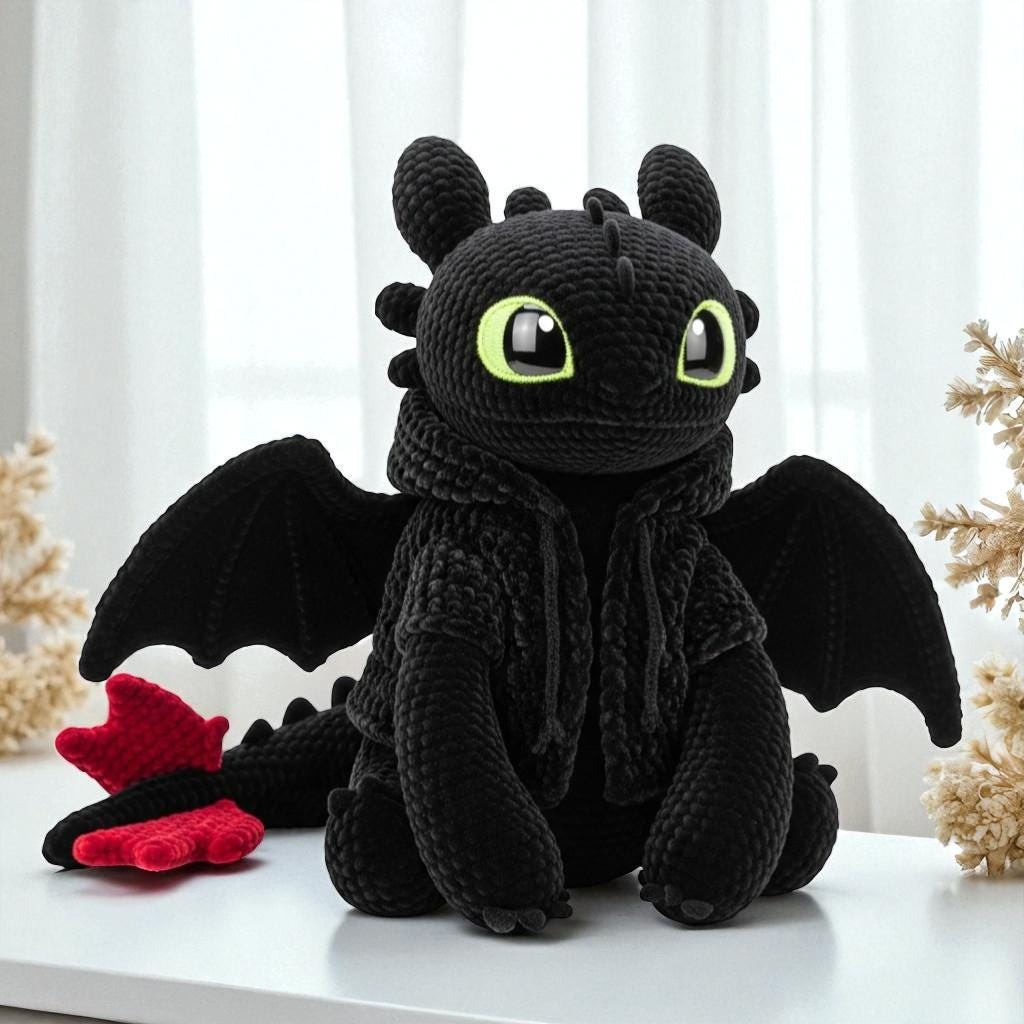 黒いドラゴンのぬいぐるみ*2 かぎ針編みのブラックドラゴンのぬいぐるみ、歯のないドラゴンを