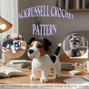 May include: A handmade crochet Jack Russell Terrier dog with black, brown, and white details. The image also features two other crochet dog patterns, and the text "JACKRUSSELL CROCHET PATTERN".