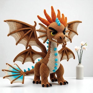 Cool Dragon Plush Handmade Crochet Toy, Dragon Amigurumi Stuffed Animal Gift, Cartoon Dragon Plush, Crochet Dragon Handmade, Crochet Animals