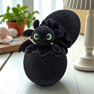 Toothless Baby Dragon In Egg Plush Handmade Crochet Toy, Cute Night Fury Amigurumi Stuffed Animal Gift For Kids Or Collectors