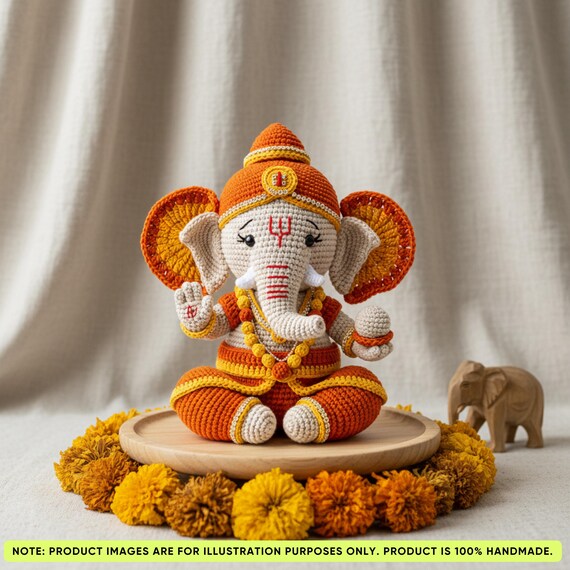 Ganesha Amigurumi Doll – Handmade Crochet Ganpati Plush, Hindu Spiritual Decor, Lord Ganesha Gift