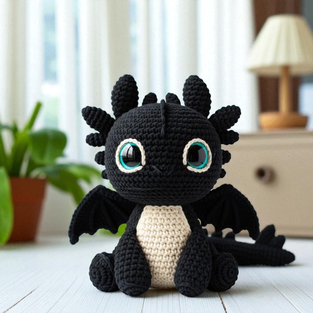 Toothless Dragon Plush Handmade Crochet Toy, Cute Amigurumi Night Fury Stuffed Animal, Fantasy Gift For Kids Or Room Decor