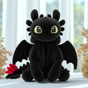 Black Toothless Dragon Wearing Jacket Plush Handmade Crochet Toy, Night Fury Amigurumi Stuffed Animal Gift For Kids, Black Dragon Crochet