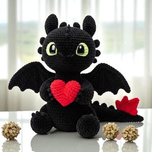 Mini Toothless Dragon Holding Heart Plush Handmade Crochet Toy, Cute Night Fury Amigurumi Stuffed Animal Gift For Kids, Black Dragon Crochet