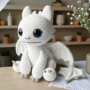 Light Fury Dragon Plush Handmade Crochet Toy, Cute Amigurumi Stuffed Animal Gift For Kids, Fantasy Room Decor Or Collectors Gift