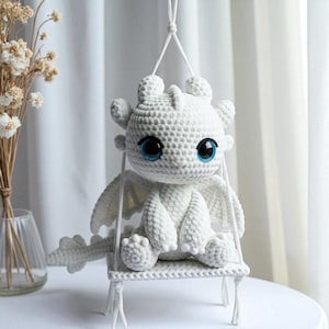 Light Fury Dragon On The Swing Plush Handmade Crochet Toy, Dragon Amigurumi Stuffed Animal Gift For Kids, Light Fury Crochet Amigurumi
