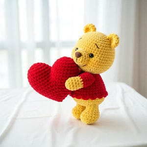 Handmade Crochet Bear Plushie, Amigurumi Pooh-Inspired Toy with Flowers, Custom Velvet Gift for Kids, Easy Crochet Animal, Cute Gift Idea