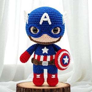 Handmade Crochet Captain America Amigurumi, Superhero Amigurumi Warrior Doll, Handmade Crochet Plushie, Captain America Crochet Plushie