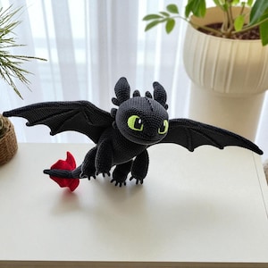 Toothless Dragon Flying Plush Handmade Crochet Toy, Night Fury Amigurumi Stuffed Animal, Fantasy Gift For Kids Or Collectors