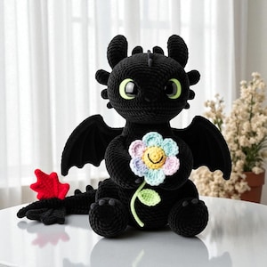 Toothless Dragon Holding Flower Plush Handmade Crochet Toy, Night Fury Amigurumi Stuffed Animal Gift, Cartoon Dragon Plush, Crochet Dragon