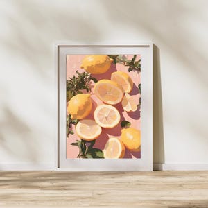 Zitronen auf rosa Hintergrund - Küchen Wandkunst, Sommerfrüchte Cottagecore Dekor, digitaler Download