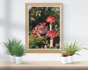 Lámina artística de sapos y hongos: póster de rana de bosque estilo cottagecore, arte mural de hongos caprichosos, ilustración digital de animales del bosque estilo fairycore