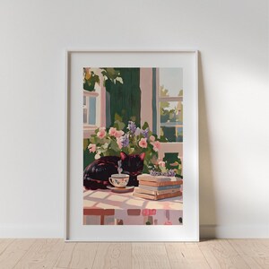 Cozy Black Cat Poster – Tea and Books Wall Art, Cottagecore Window Scene with Flowers, Sleepy Cat Reading Nook Print, Digital Download