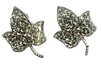 Vintage Earrings, Silver Maple Leaf Earrings, Silver and Marcasite Maple Leaf Earrings, Marcasite Earrings, Art Deco  Earrings,