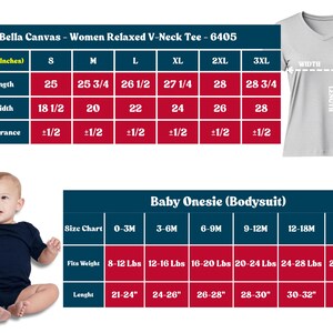 May include: Image features size charts for a women's relaxed V-neck tee and a baby onesie. The tee chart includes body length and chest width measurements in inches. The onesie chart provides weight and length details in inches and pounds.