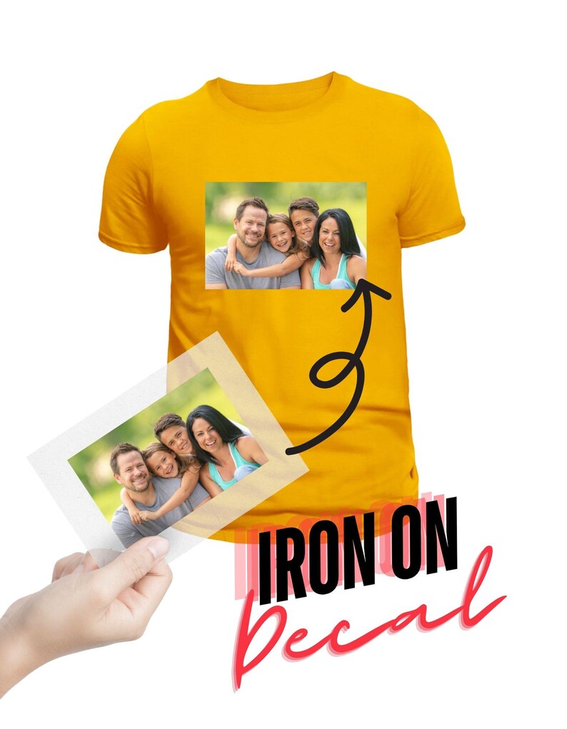 May include: A yellow t-shirt with a photo of a family of four on it. The photo is on an iron-on decal that is being applied to the shirt.