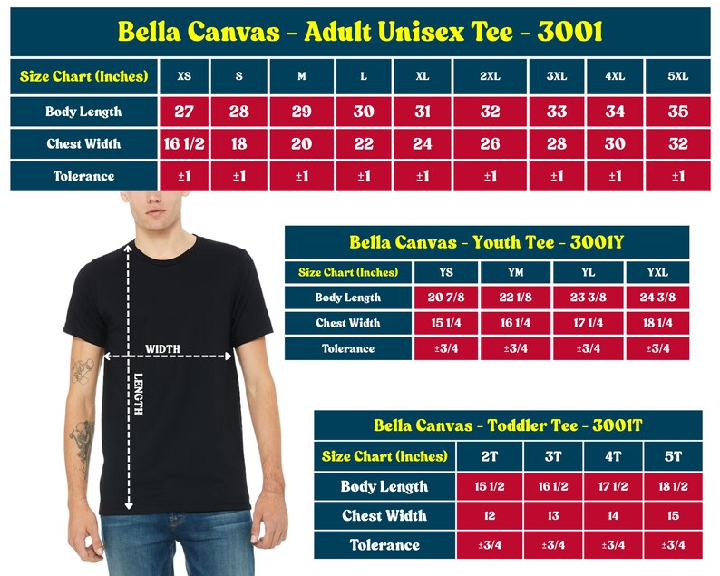 May include: A black t-shirt with a size chart for adult, youth, and toddler Bella Canvas unisex tees. The chart includes body length and chest width measurements in inches, with sizes ranging from XS to 5XL for adults.