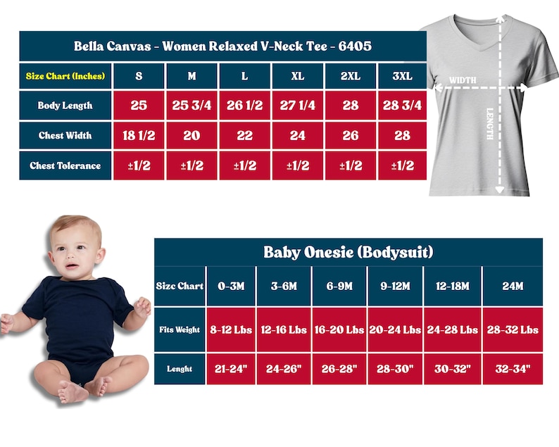 May include: Image features size charts for a women's relaxed V-neck tee and a baby onesie. The tee chart includes body length and chest width measurements in inches. The onesie chart provides weight and length details in inches and pounds.