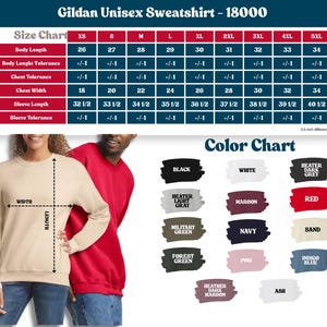 Puede incluir: Una sudadera unisex Gildan beige con una tabla de tallas y opciones de color. La tabla de tallas muestra la longitud del cuerpo de 66 a 86 cm y el ancho del pecho de 46 a 86 cm. Opciones de color: negro, blanco, rojo y azul marino.