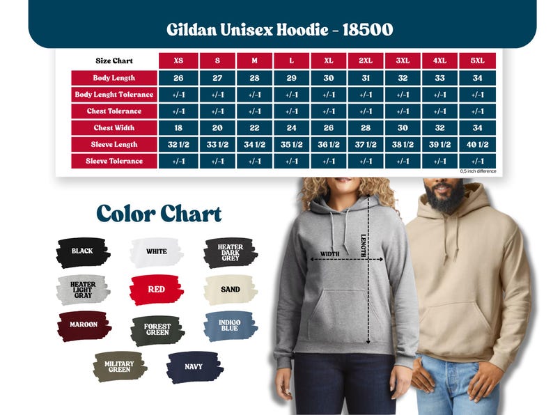 Puede incluir: Imagen de una sudadera con capucha unisex Gildan - 18500. La imagen incluye una tabla de tallas con medidas en cm, una carta de colores con varias opciones y dos personas que usan sudaderas con capucha. Las opciones de color incluyen negro, blanco y rojo.