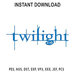 Puede incluir: Diseño de texto azul "twilight" con una fuente estilizada, con líneas verticales y horizontales. Las palabras "INSTANT DOWNLOAD" están encima del texto. Debajo, los formatos de archivo: PES, HUS, DST, EXP, VP3, XXX, JEF, PCS.