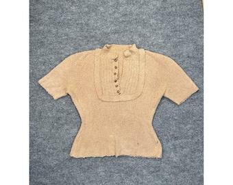 Vintage 1930s 1940s Knit Sweater Short Sleeve Bib Front Tan Boucle Art Deco XS S