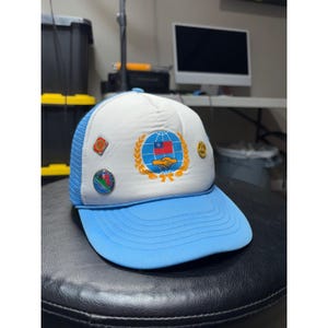 May include: A light blue and white trucker hat featuring a central graphic of a globe with a handshake and the flag of Taiwan. The white front panel is adorned with three circular metal pins, including one with a landscape and one with a red center.