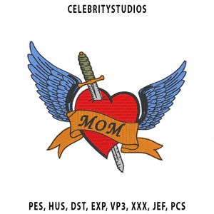 Mom Heart Tattoo - Embroidery Design File – Tattoo Trendy Logo | Instant Download (pes, dst, vp3, exp, hus, jef, xxx) - Winged Heart Sword