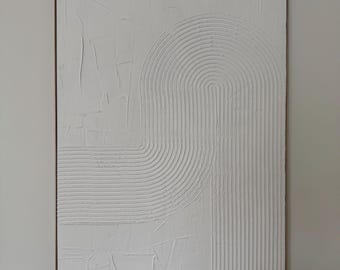 Strukturiertes Gipsgemälde: Japandi Minimalistische Wandkunst im Eichenrahmen (140 x 90 cm)